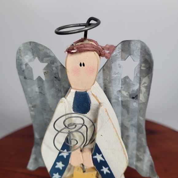Primitive Wood Angel Figurine American Flag Stars Stars & Stripes Folk Art VTG - Picture 8 of 14